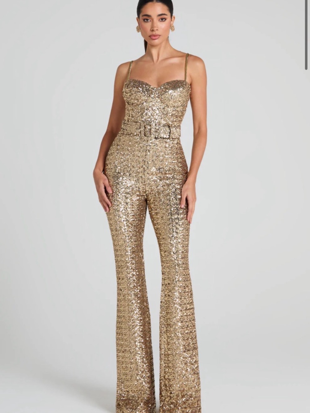Nadine Merabi Gold Sequin Strap Jumpsuit with Belt Size S/M